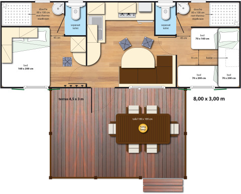 Plantegning af SunLodge Maple glamping-indkvartering med to soveværelser, bad, toilet og terrasse.