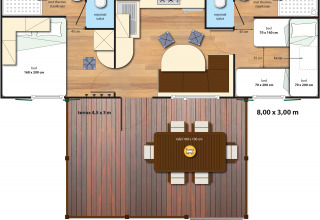 Plano de alojamiento glamping SunLodge Maple con dos dormitorios, baños, aseos separados y terraza amplia.