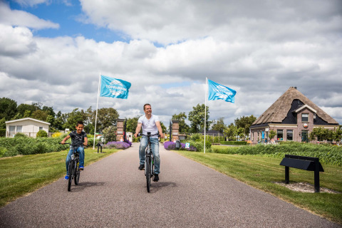 Padre e hijo pasean en bicicleta por Park Westerkogge, un parque vacacional en Holanda del Norte, Países Bajos.