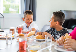 Deux garçons rient et discutent au petit-déjeuner à Park Westerkogge, Hollande-Septentrionale, Pays-Bas.