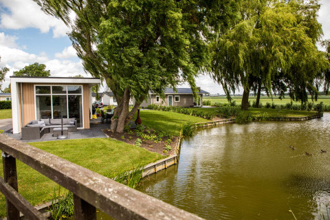 Casa vacanza moderna vicino a uno stagno nel parco Westerkogge, Olanda Settentrionale, Paesi Bassi.