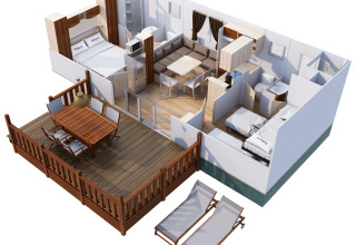 3D plantegning af SunLodge Redwood på Camping Village Baia Blu La Tortuga, med terrasse og moderne interiør.