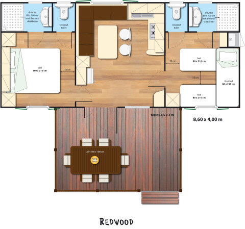 Grondplan van SunLodge Redwood in Camping Village Baia Blu La Tortuga, met slaapkamers, badkamers en terras.