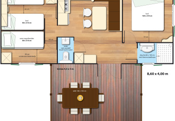 Plan de SunLodge Aspen au Camping Village Baia Blu La Tortuga, montrant l’agencement des pièces et mesures.