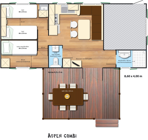 Plano de SunLodge Aspen Combi en Camping Cisano/San Vito, Italia, con terraza y distribución de habitaciones.