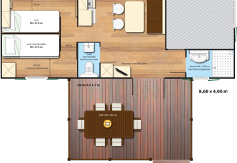 Plan du SunLodge Aspen Combi au Camping Cisano/San Vito en Italie, montrant terrasse et répartition des pièces.