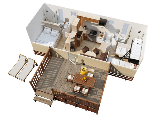 Plano 3D de SunLodge Maple en Camping Cisano/San Vito en Italia con terraza, dormitorios y sala de estar.