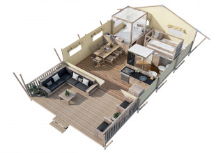 Plano 3D de SunLodge Taiga en Camping Cisano/San Vito, Italia, con terraza al aire libre y cómodos espacios.