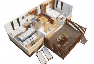 Plano 3D de SunLodge Aspen en Camping Cisano/San Vito, Italia, con terraza y diseño interior moderno.