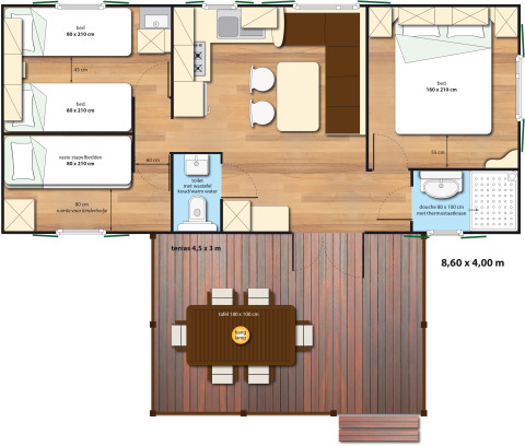 Plattegrond van SunLodge Aspen op Camping Cisano/San Vito in Italië met terras, slaapkamers en badkamer.