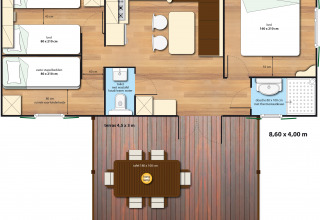 Plano de la SunLodge Aspen en Camping Cisano/San Vito, Italia, con terraza, dos dormitorios y baño.