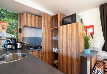 Modern kitchen with wood cabinets, microwave, appliances, and a monkey mural at SunLodge Catalpa in Italy.