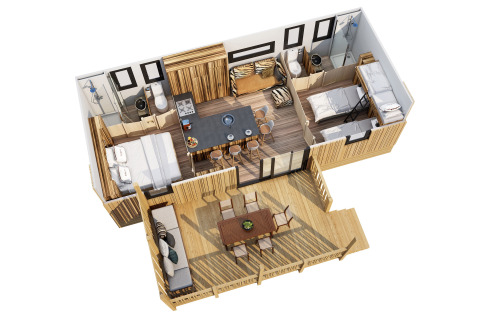 Plano 3D de la SunLodge Catalpa en Camping Cisano/San Vito, Italia, con decoración moderna y terraza exterior.