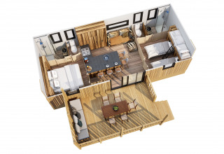 Plano 3D de la SunLodge Catalpa en Camping Cisano/San Vito, Italia, con decoración moderna y terraza exterior.