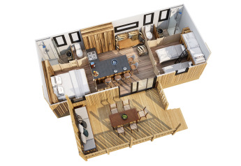 Plan 3D de SunLodge Catalpa au Camping Cisano/San Vito en Italie, avec décoration moderne et terrasse extérieure.