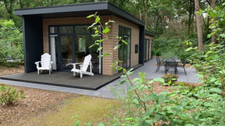 Tiny house moderna Forest park chalet en Holiday park De Kleine Belties, Países Bajos, rodeada de bosque.