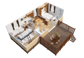Plan 3D de la SunLodge Aspen Premium au Camping Cisano/San Vito, Italie, avec chambres et terrasse.