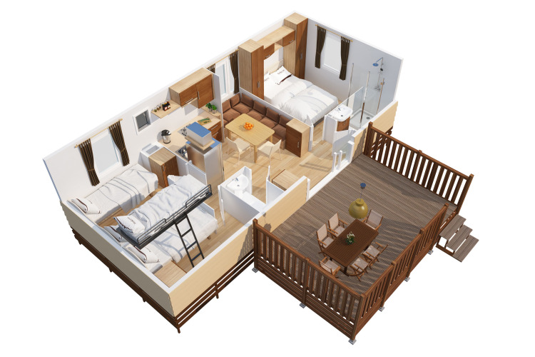 Plano 3D de la SunLodge Aspen Premium en Camping Cisano/San Vito, Italia, con habitaciones y terraza.