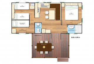 Plano del SunLodge Aspen Premium en Camping Cisano/San Vito, Italia, con habitaciones y terraza.