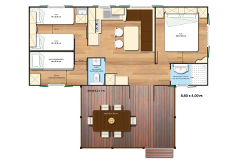 Plano del SunLodge Aspen Premium en Camping Cisano/San Vito, Italia, con habitaciones y terraza.