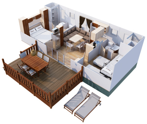 3D-gengivelse af SunLodge Redwood indkvartering med terrasse, møbler og loungestole på Camping Cisano/San Vito.