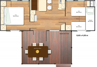 Plano de SunLodge Redwood en Camping Cisano/San Vito, Italia, con tres dormitorios, dos baños y terraza amplia.