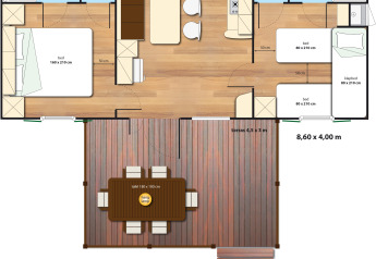 Floor plan of SunLodge Redwood at Camping Cisano/San Vito, Italy, showing three bedrooms, two bathrooms and terrace.