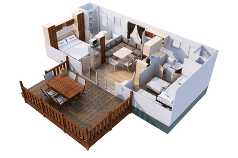 3D plattegrond van SunLodge Redwood Premium met terras op Camping Cisano/San Vito in Italië.
