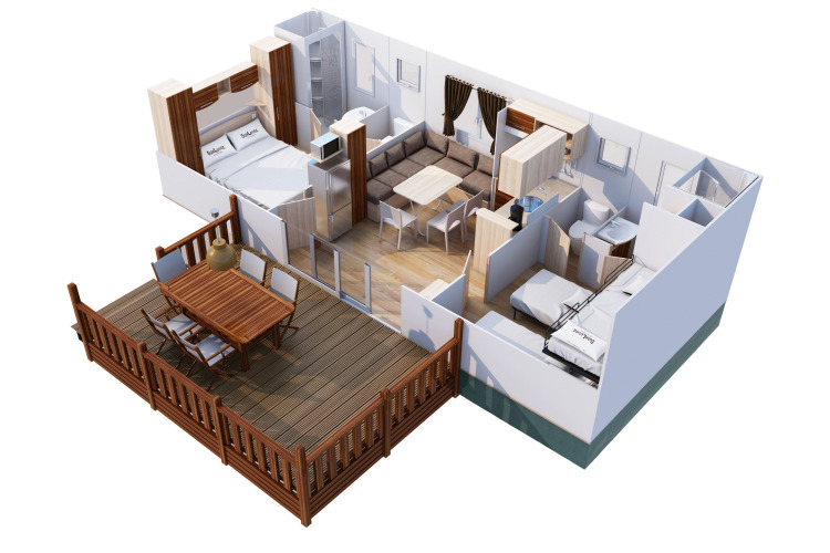 Plano 3D de la SunLodge Redwood Premium con terraza en Camping Cisano/San Vito, Italia.