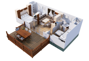 Plano 3D de la SunLodge Redwood Premium con terraza en Camping Cisano/San Vito, Italia.