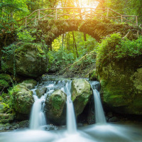 Un pintoresco puente de arco de piedra sobre una cascada en el bosque cerca de Larochette, Luxemburgo, al amanecer.