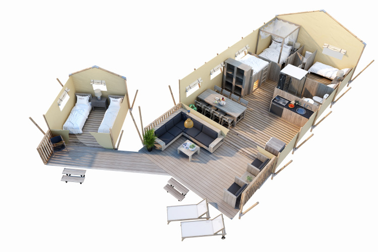 Plano 3D del interior de la tienda safari SunLodge Taiga&Kambi con habitaciones, sala y terraza amplia.