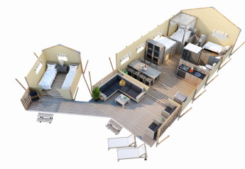 Plano 3D del interior de la tienda safari SunLodge Taiga&Kambi con habitaciones, sala y terraza amplia.