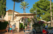 Outdoor scene at Camping Vilanova Park in Catalonia, Spain, featuring people, tables, and palm trees.