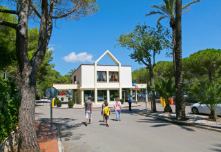 Entrance of Camping Vilanova Park in Catalonia, Spain, with palm trees and people walking on a sunny day.