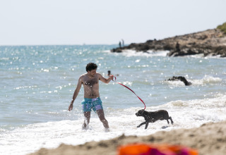 Uomo che gioca con il suo cane sulla riva al Camping Vilanova Park, un parco vacanze in Catalogna, Spagna.
