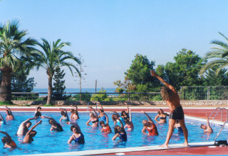 Aquagym class in the pool at Camping Vilanova Park, a holiday park with palm trees in Catalonia, Spain.