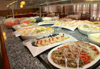 Buffet con insalate fresche e piatti freddi al Camping Vilanova Park, parco vacanze in Catalogna, Spagna.