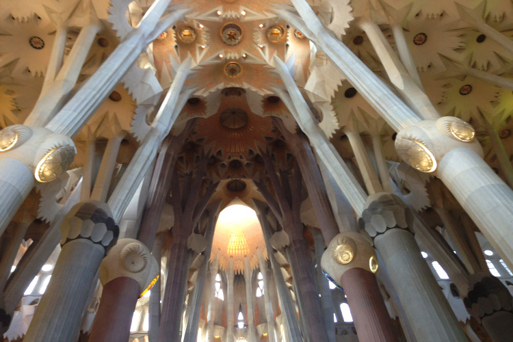 Binnenaanzicht van Sagrada Família in Barcelona met zuilen en kunstig gedecoreerd plafond.