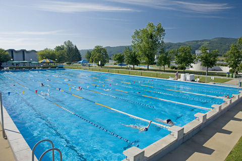 Outdoor swimming pool with lane dividers and swimmers at Camping Terme Catez, Lower Sava, Slovenia, on a sunny day.
