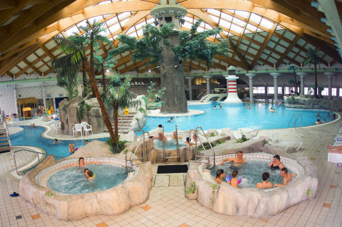 Indoor pool and water park at Camping Terme Catez, Slovenia, featuring jacuzzis, slides and palm trees.