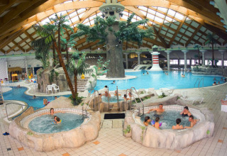 Parco acquatico coperto al Camping Terme Catez, Slovenia, con piscine, idromassaggi e palme decorative.
