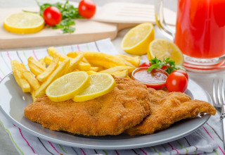 Plate of schnitzel with fries, lemon slices, cherry tomatoes, and sauce at Camping Terme Catez, Slovenia.