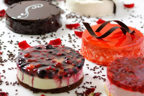 An assortment of glazed mini cakes with berries and chocolate, served at Camping Terme Catez, Slovenia.