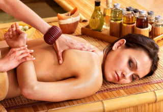 Donna che riceve un massaggio rilassante alla schiena con oli essenziali al Camping Terme Catez, Slovenia.