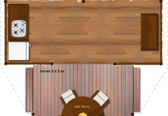 Plano de tienda safari SunLodge Jungle en Camping Vilanova Park con camas, cocina y terraza exterior.