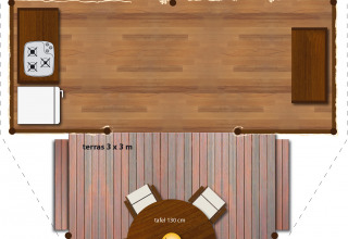 Plano de tienda safari SunLodge Jungle en Camping Vilanova Park con camas, cocina y terraza exterior.