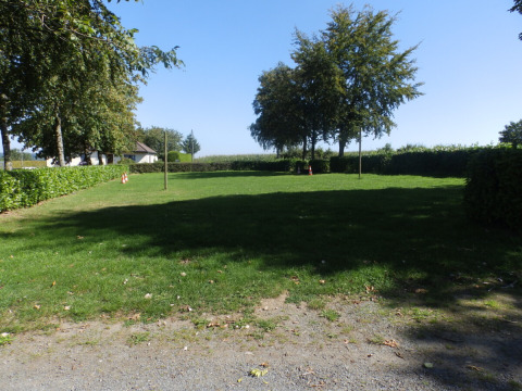 Grüne Wiese mit Bäumen im Ferienpark Camping Um Bierg in Diekirch, Luxemburg bei sonnigem Wetter.