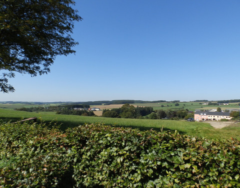 Vue sur la campagne luxembourgeoise depuis le parc de vacances Camping Um Bierg à Diekirch sous un ciel bleu.
