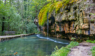 Parete rocciosa coperta di muschio e stagno tranquillo vicino a Tarchamps, Diekirch, Lussemburgo, tra boschi.